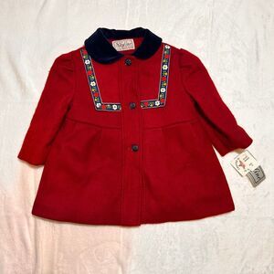 NWT Vintage Skyline red pea coat with blue velvet collar and floral trim 2t